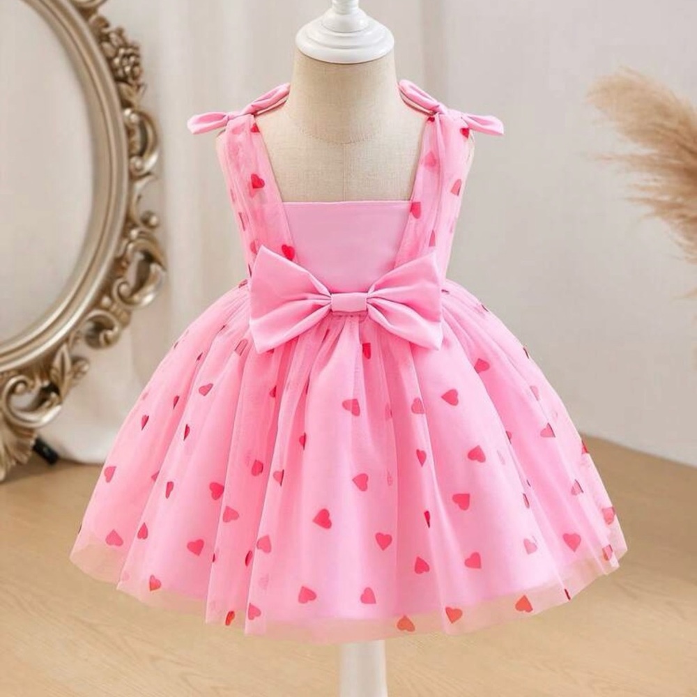Pink Heart Patterned Dress with Bow